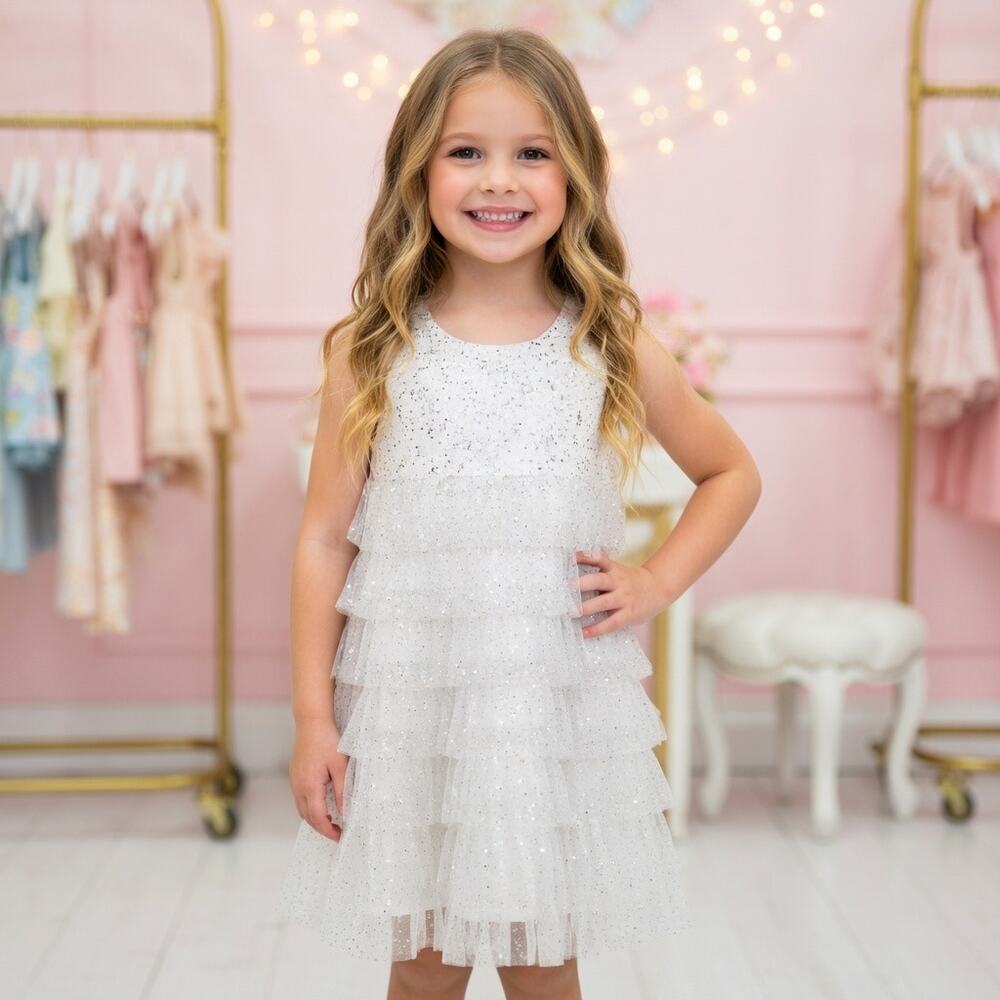 Hanna Andersson White Gold Glitter Tulle Tiered Ruffle Dress 110 / us5